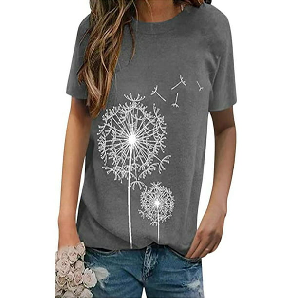 Short Sleeve Graphic Shirts for Women Casual Summer Dandelion Print Crewneck T Shirt Tops Blouse Tee Dark Gray